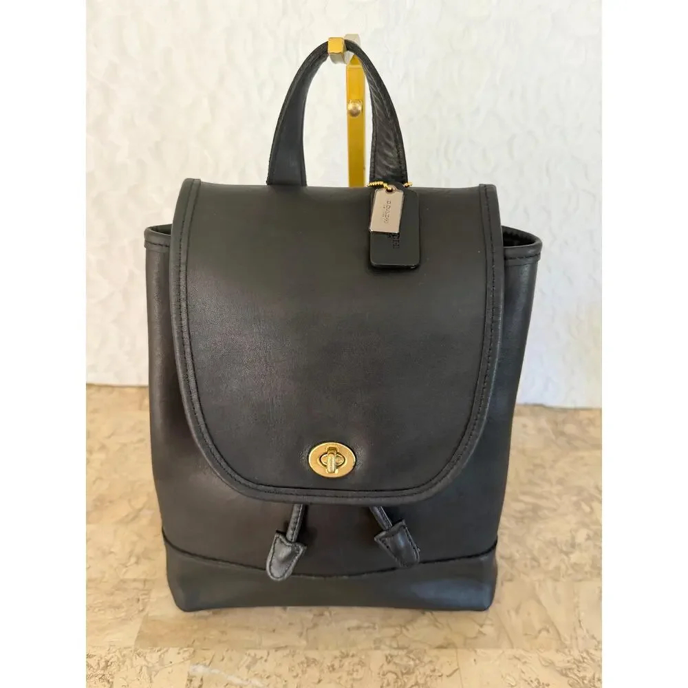 Vtg Coach black leather MEdium To Full Backpack Daypack 9791 w/brass Hardware
